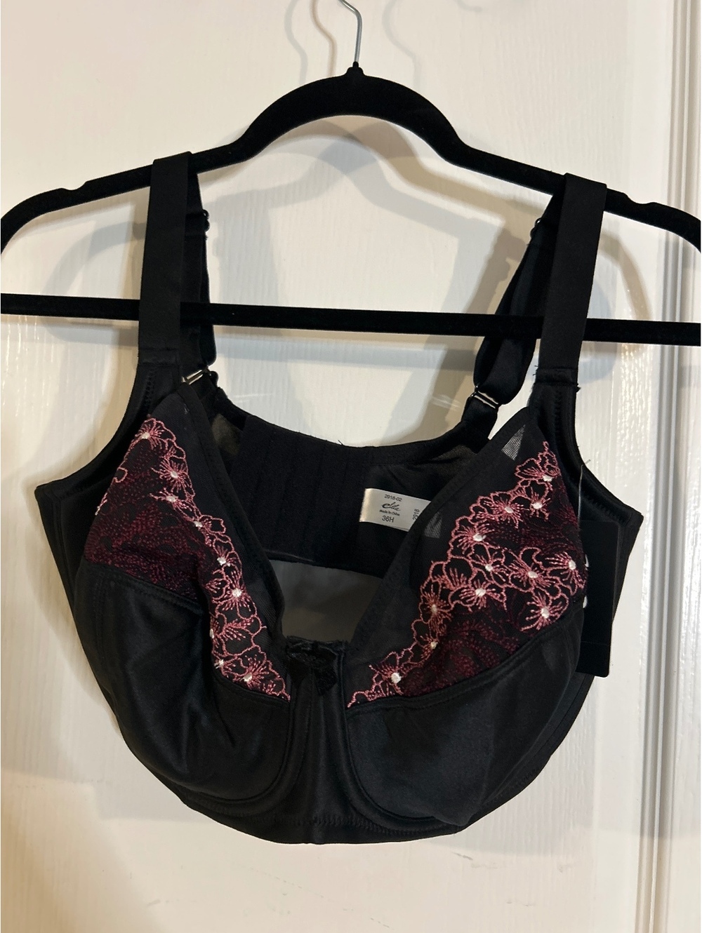 Elila Black and Pink Embroidered Full Coverage Bra Size 36H